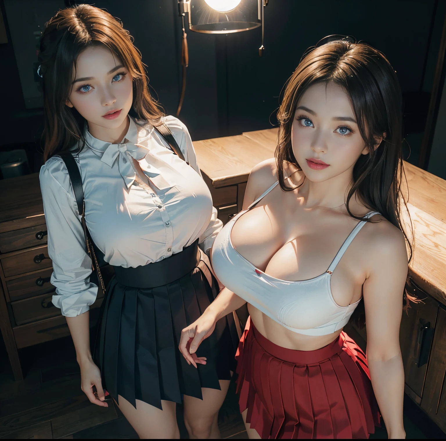 top-quality, 8K picture quality, ​masterpiece, (Professional lighting without shadows), (Two women stand and glare at me.), (Perfect body and huge breasts squeezed by clothes:1.2), Bright whitening skin, (Bright and beautiful blue eyes with plump red tear bags reflect a lot of light.)、 (A pure white blouse that completely hides her large breasts:1.2), Crimson Ribbon Tie, (Amazingly short micro mini pleated skirt), (Do not expose upper body skin:1.3), (Show off your beautiful thighs and ultra-slim waist from the front), (above the knee while standing), strong lights, Two good friends, Huge breasts compressed by clothes, pantiy