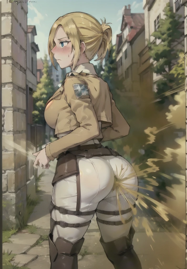 ((annie leonhart)),((velocity)),Attacked by farts, (((Women stand)),velocity,((classic city)),((One Woman)),((fart while stand),her butt facing screen,fullbody,blue eye,blushing)),(masterpiece:1.2、top-quality)、(the Extremely Detailed CG Unity 8K Wallpapers、ultra-detailliert、Best Shadows)、(细致背景)、(The best lighting、extremely delicate and beautiful)、depth of fields、1girl in、独奏 ,Women wear scout outfit,Ephemeral,,(blonde),(scout regiment outfit)),((((Girl embarassed when she smells the bad smell of farts)))),outfit like a scout regiment,((((profile facing diagonally)))),((i'I closed my mouth with hand feel embarassed...)),((massive fart)),((fart text))