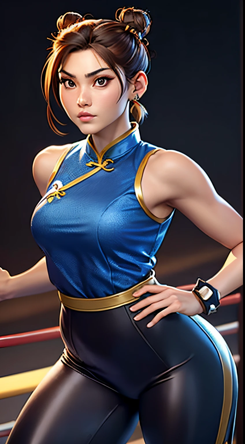 woman in her 20s, chunlims, (perfect face), defined jawline, beautiful brown eyes, beautiful lips, (short brown hair, hair bun, double bun), (perfect anatomy), (athletic body), (sexy), (thick thighs), (perfect handlue cheongsam), tight blue track pants, spiky bracelets, looking at viewer, (medium full shot photograph), (fighting arena background), realistic