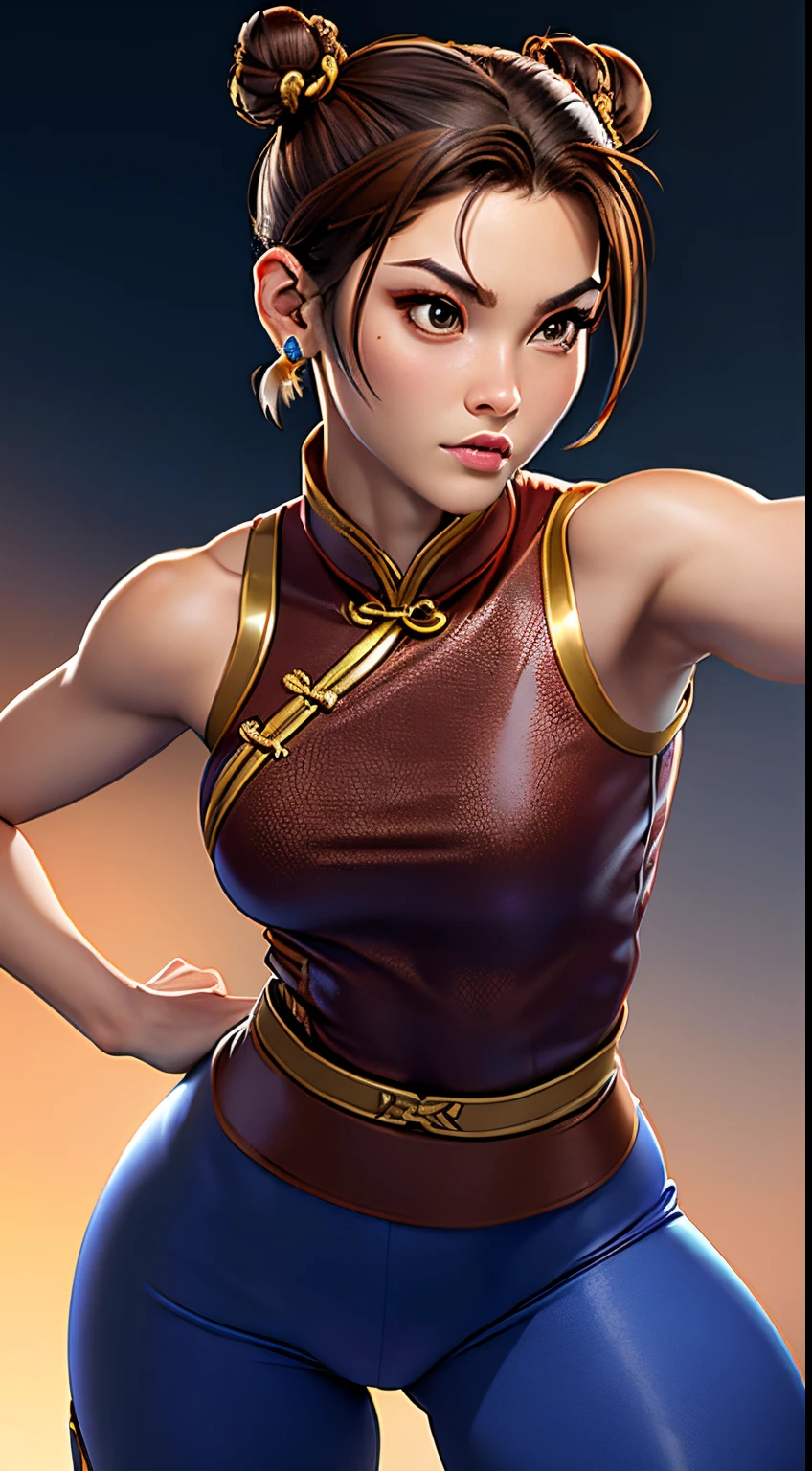 woman in her 20s, chunlims, (perfect face), defined jawline, beautiful brown eyes, beautiful lips, (short brown hair, hair bun, double bun), (perfect ???????), (athletic body), (sexy), (thick thighs), (perfect handlue cheongsam), tight blue track pants, spiky bracelets, looking at viewer, (medium full shot photograph), (fighting arena background), realistic