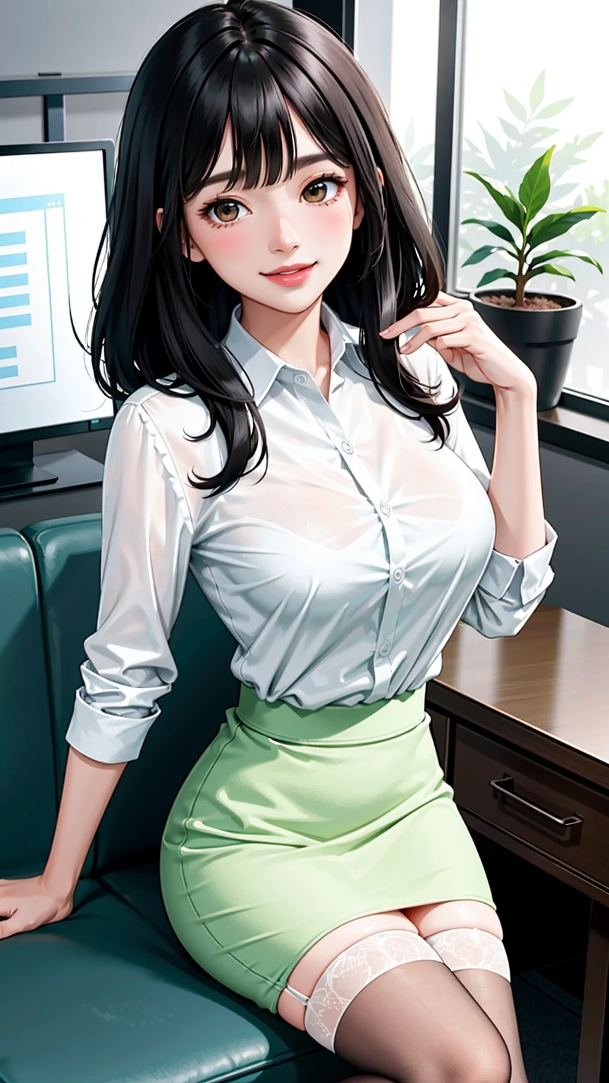(modern office indoors), 1lady ((solo)), (brown eyes), (black medium hair), bangs, (office casual pencil skirt green), (white shirt), (id card), blush kind smile, (masterpiece best quality:1.2), delicate illustrations, high resolution, ultra-detailed, large breasts, (black stockings)