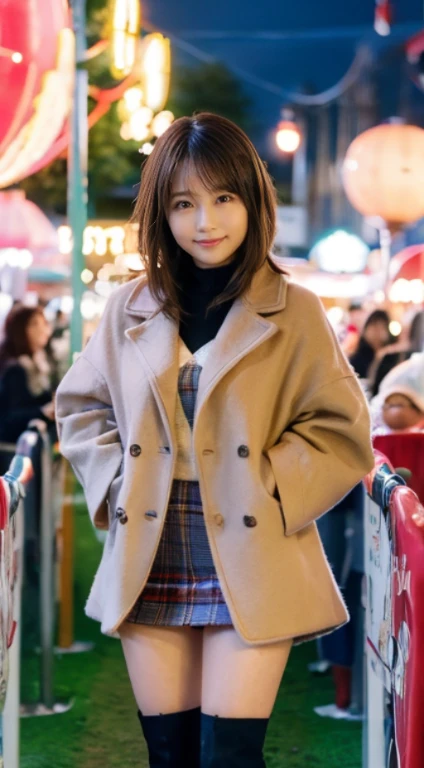 (Photorealistic), (ultra high realistic), (Ultra high definition), (ultra high detailed), (Increase contrast), (Increase saturation), ( girl), (light skinned)A pretty woman with perfect figure, Cute face, Beautiful expression, (Lifelike face), Beautiful hairstyle, Realistic eyes, beautiful detail, (real looking skin), Beautiful skins, enticing, The ultra -The high-definition, A hyper-realistic, Realistic, Very detailed, Japanese, a short bob, bangss, (Wool short coat and knee-high boots、japanese cute idol, Tartan check)((Very short miniskirt)) Gentle smile, Brown hair,、The cleavage looks bold、beutiful breast、thin-waist、big butts、(Night amusement park、Lit up、illuminations)、stas、Happiness、Lots of balloons、the Ferris wheel、merry-go-round、rollercoaster、Elaborate CG 8K wallpapers、dynamic ungle、beautiful lighting、profetional lighting、(foco nítido)