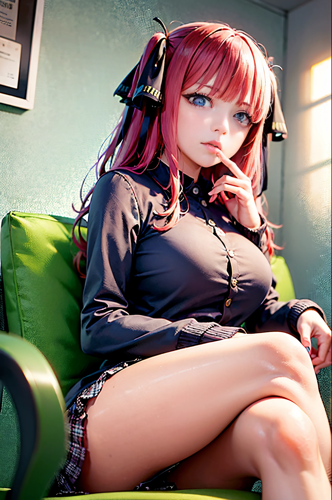 (Prominence in Masterpiece, Best Quality: 1.2), solo, 1 girl, Miku nakano, serious, mouth closed, looking at viewer, hand on face, sitting, legs crossed, collared shirt, tie up, skirt, stockings , big thighs, big breasts)