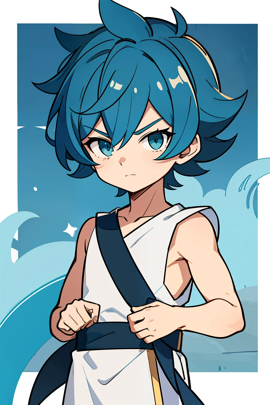 (high-quality, breathtaking),(expressive eyes, perfect face) 1boy, male, solo, young kid, child, medium blue hair, green coloured eyes, stylised hair, gentle smile, medium length hair, loose hair, side bangs, curley hair, really spiky hair, spiked up hair, looking at viewer, portrait, ancient greek clothes, blue black and white tunic, white Chlamys, sleeveless, greek, blue and gold sash, ocean background, laurel accessory, slightly narrow eyes, masculine face, masculine eyes, baby face, small body, 36½ inches tall, chibi art style, 6 years old