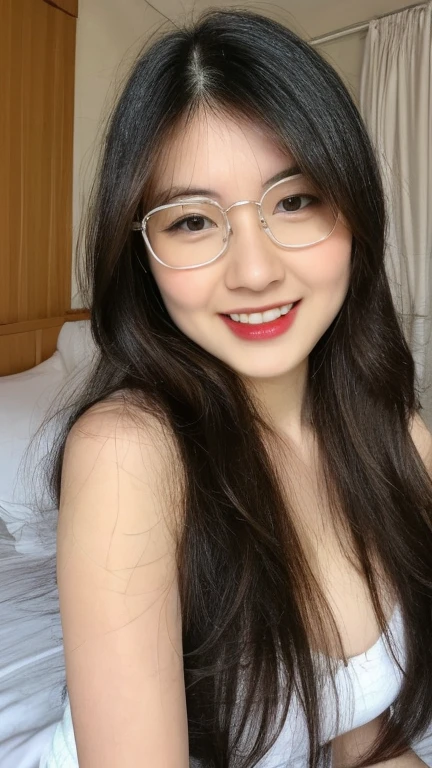 (realistic, high resolution:1.3), 1 girl with perfect figure, glasses, smile, ((pale white skin:1.3)) ,(gigantic breasts:1.3), looking at viewers, super fine face and eyes, long hair, white transparent lace veil: 1.2 , in bedroom, sit on the bed, , exposed cleavage, upper body, half body