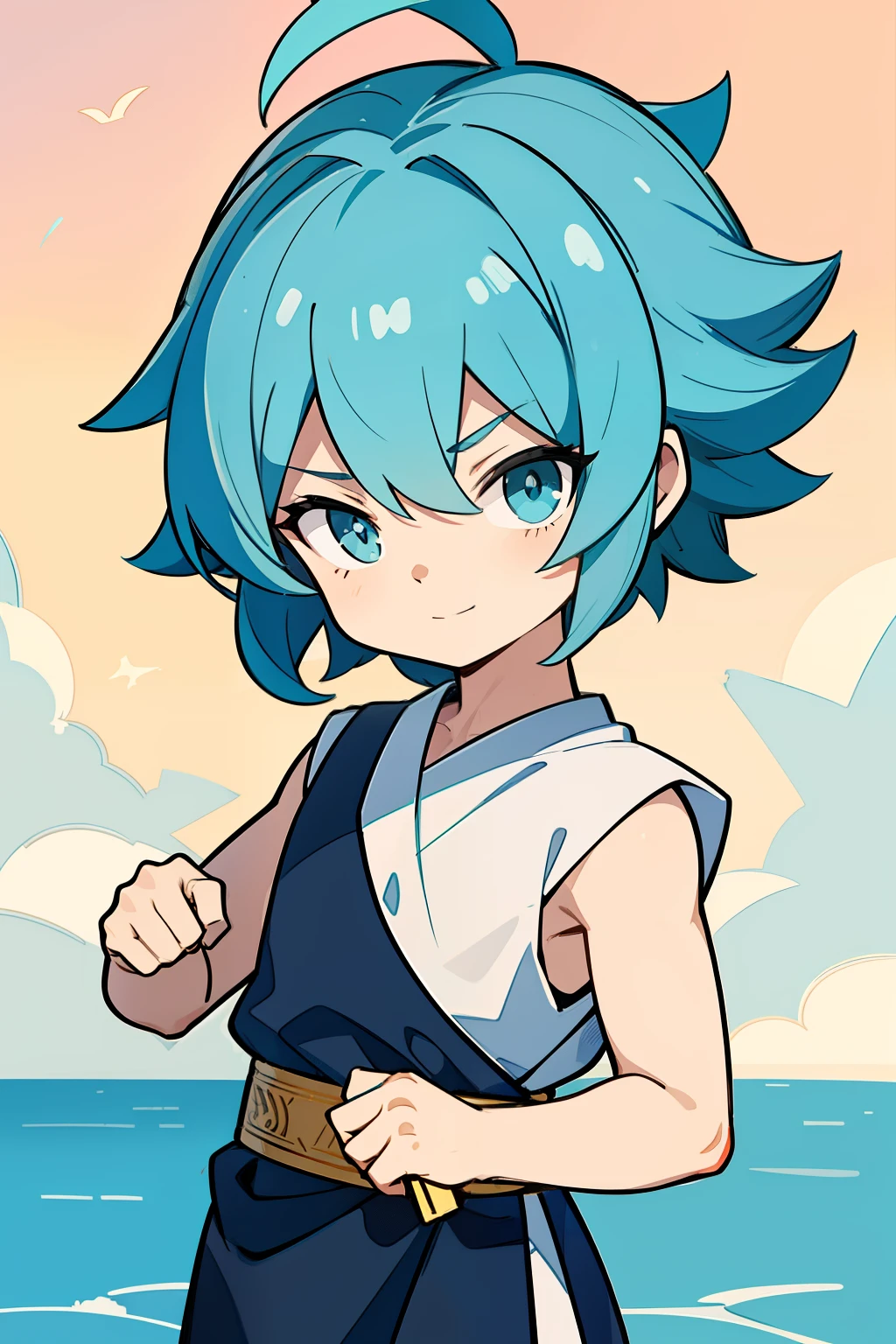 (high-quality, breathtaking),(expressive eyes, perfect face) 1boy, male, solo, young ???, child, medium blue hair, green coloured eyes, stylised hair, gentle smile, medium length hair, loose hair, side bangs, curley hair, really spiky hair, spiked up hair, looking at viewer, portrait, ancient greek clothes, blue black and white tunic, white Chlamys, sleeveless, greek, blue and gold sash, ocean background, laurel accessory, slightly narrow eyes, masculine face, masculine eyes, baby face, small body, 36½ inches tall, chibi art style, 6 years old