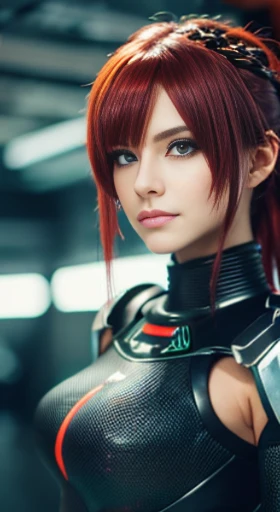 cyberpunked、mechanical suit、redhair、Green eyes、poneyTail,((top-quality、8K、​masterpiece:1.3))、Crisp focus:1.2、(layers-Cut),Beautiful woman with perfect body shape:1.4、Highly detailed facial and skin texture、A detailed eye、二重まぶた,