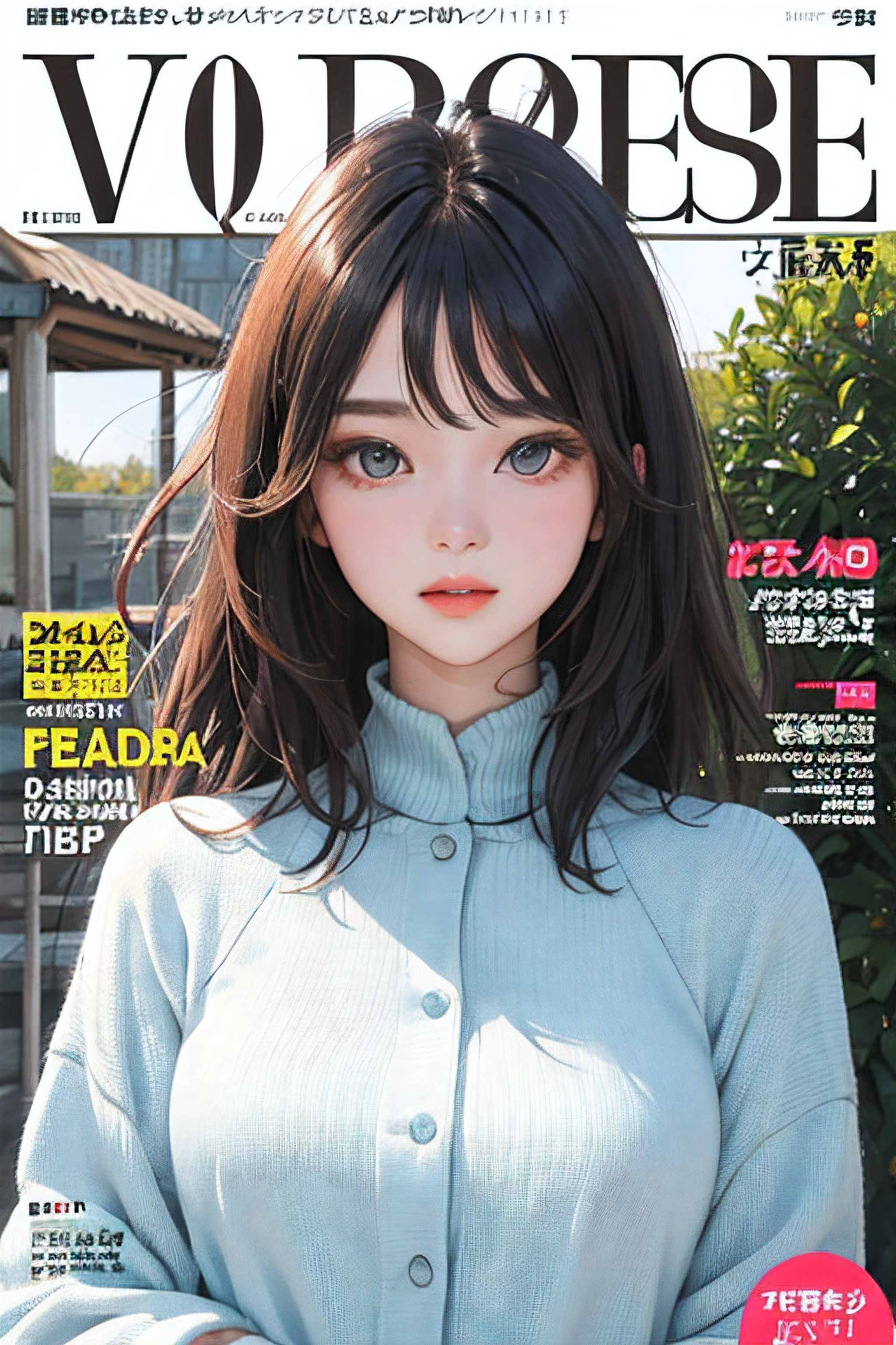 masterpiece, best quality, spring outfit, colorful hair, outdoor, magazine cover ,upper body,