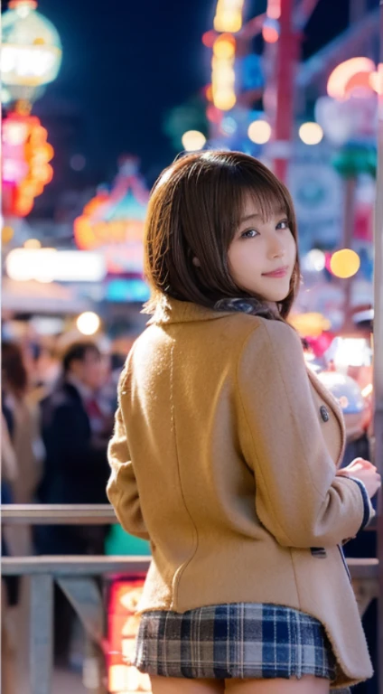 (Photorealistic), (ultra high realistic), (Ultra high definition), (ultra high detailed), (Increase contrast), (Increase saturation), ( girl), (light skinned)A pretty woman with perfect figure, Cute face, Beautiful expression, (Lifelike face), Beautiful hairstyle, Realistic eyes, beautiful detail, (real looking skin), Beautiful skins, enticing, The ultra -The high-definition, A hyper-realistic, Realistic, Very detailed, Japanese, a short bob, bangss, (Wool short coat and knee-high boots、japanese cute idol, Tartan check)((Very short miniskirt)) Gentle smile, Brown hair,、The cleavage looks bold、beutiful breast、thin-waist、big butts、facing back、sticking out the buttocks(Night amusement park、Lit up、illuminations)、stas、Happiness、Lots of balloons、the Ferris wheel、merry-go-round、rollercoaster、Elaborate CG 8K wallpapers、dynamic ungle、beautiful lighting、profetional lighting、(foco nítido)