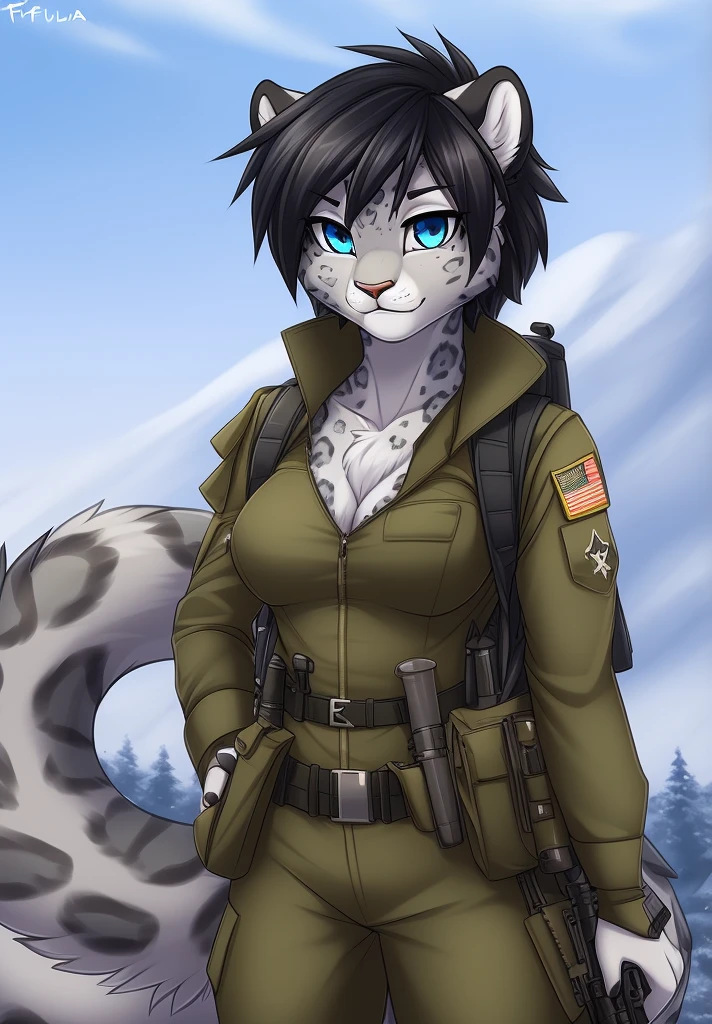 by fluff-kevlar, (best quality, masterpiece:1), solo, anthro, furry, female, ((Snow Leopard)), blue eyes, black hair, short hair, portrait, fingers, finger claws, looking at viewer, snow leopard tail, ((huge tuft of hair on the chest)), ((Military uniform)), ((fully clothed)), ((medium breasts)), (tactical vest), (backpack)