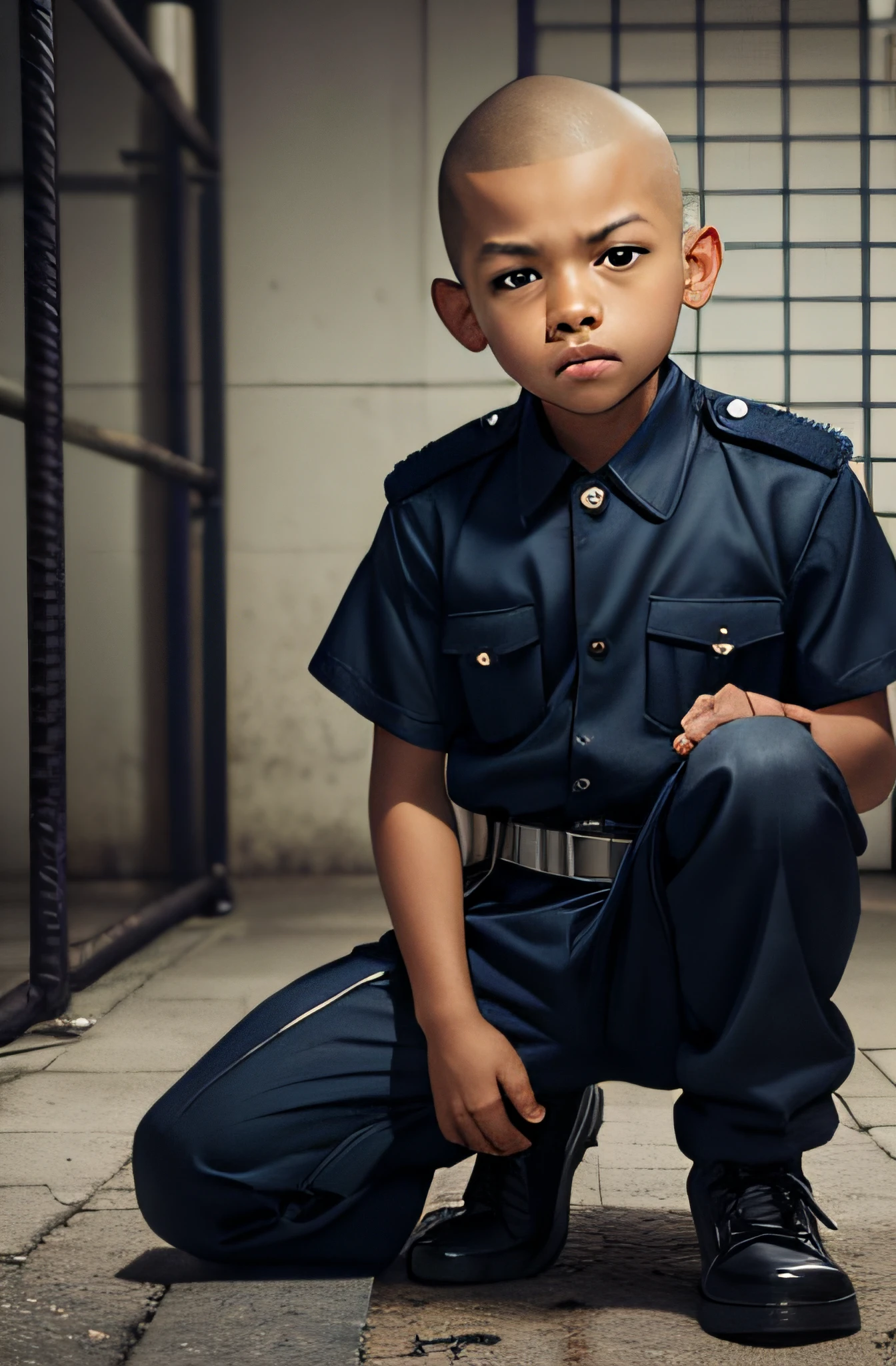  male boy, serious face, detail police uniform, wear cap, Shaved head faded sides  sit down, leg open widely, look on uniform belt trouse, REALISTIC, dirty prison background, urine on ground, whip butt, closer look on belt, view from bottom, view uniform trouser look, Look at the groin bulge