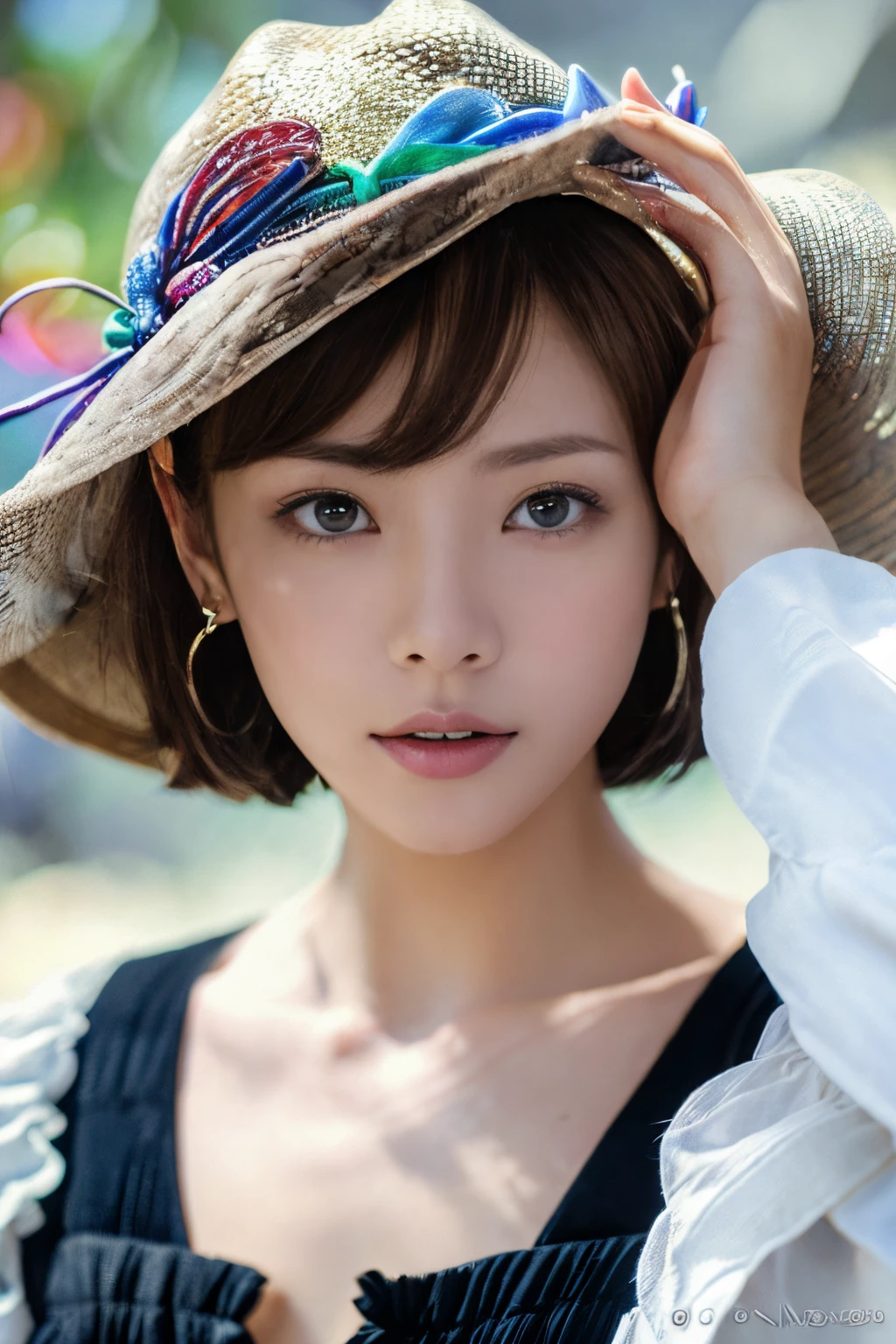 (masutepiece), (Piece of art), (Amazing work), (Detailed eyes), (Delicate skin), (heterochromatic eyes), (Multicolored), (short white hair with bangs), (Sparkling eyes), (1girl in) With witch's hat, oud, old, Wear extravagant medieval clothing, masutepiece, Best Quality, The best Desinger, Best Illustration