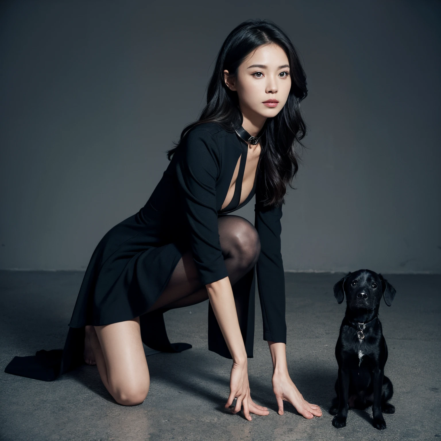 Beautiful lady in tight black gelcoat,Wear leg irons,Wear a collar like a dog,kneels on the ground,Barefoot