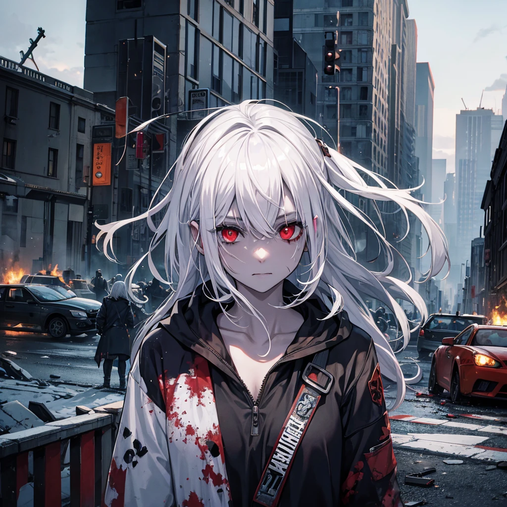 zombie girl, white hair, destroyed city, zombies around, destroyed cars