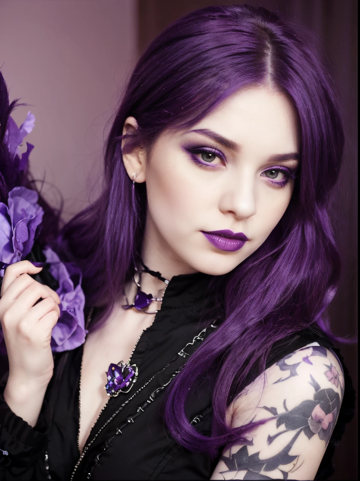a close up of a woman with purple hair, pale skin, wearing purple lipstick, purple lips, wearing blush makeup, goth girl, emo girl, black clothing, buetifull,