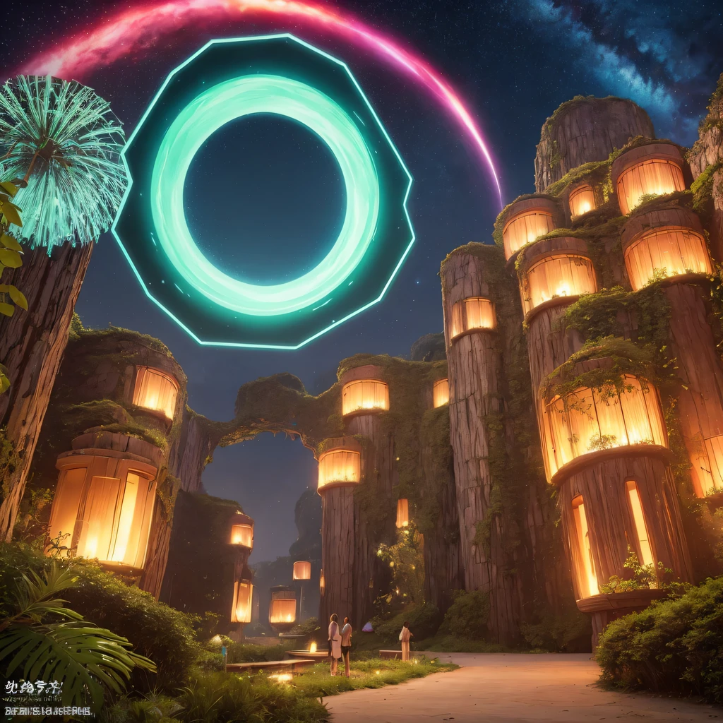 Alien Hexagonal Base (very detailed nipples) In a hexagonal mountain oasis,There are several hexagonal exhaust fans and chimneys, some neon lights projecting from the base,Light up the dark night), There are some clouds in the night sky, Some surrounding planets provide air to unknown planets,The most remote giant hexagonal volcano erupts,the rainforest