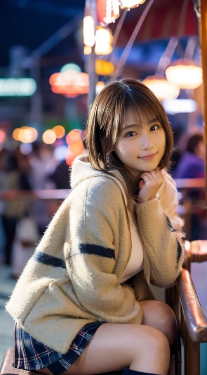 (Photorealistic), (ultra high realistic), (Ultra high definition), (ultra high detailed), (Increase contrast), (Increase saturation), (14 years old girl), (light skinned)A pretty woman with perfect figure, Cute face, Beautiful expression, (Lifelike face), Beautiful hairstyle, Realistic eyes, beautiful detail, (real looking skin), Beautiful skins, enticing, The ultra -The high-definition, A hyper-realistic, Realistic, Very detailed, Japanese, a short bob, bangss, (Wool short coat and knee-high boots、japanese cute idol, Tartan check)((Very short miniskirt)) Gentle smile, Brown hair,、The cleavage looks bold、beutiful breast、thin-waist、big butts、Sitting and resting(Night amusement park、Lit up、illuminations)、stas、Happiness、Lots of balloons、the Ferris wheel、merry-go-round、rollercoaster、Elaborate CG 8K wallpapers、dynamic ungle、beautiful  lighting、profetional lighting、(foco nítido)
