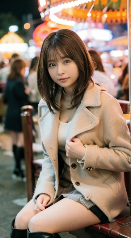 (Photorealistic), (ultra high realistic), (Ultra high definition), (ultra high detailed), (Increase contrast), (Increase saturation), (14 years old girl), (light skinned)A pretty woman with perfect figure, Cute face, Beautiful expression, (Lifelike face), Beautiful hairstyle, Realistic eyes, beautiful detail, (real looking skin), Beautiful skins, enticing, The ultra -The high-definition, A hyper-realistic, Realistic, Very detailed, Japanese, a short bob, bangss, (Wool short coat and knee-high boots、japanese cute idol, Tartan check)((Very short miniskirt)) Gentle smile, Brown hair,、The cleavage looks bold、beutiful breast、thin-waist、big butts、Sitting and resting(Night amusement park、Lit up、illuminations)、stas、Happiness、Lots of balloons、the Ferris wheel、merry-go-round、rollercoaster、Elaborate CG 8K wallpapers、dynamic ungle、beautiful lighting、profetional lighting、(foco nítido)