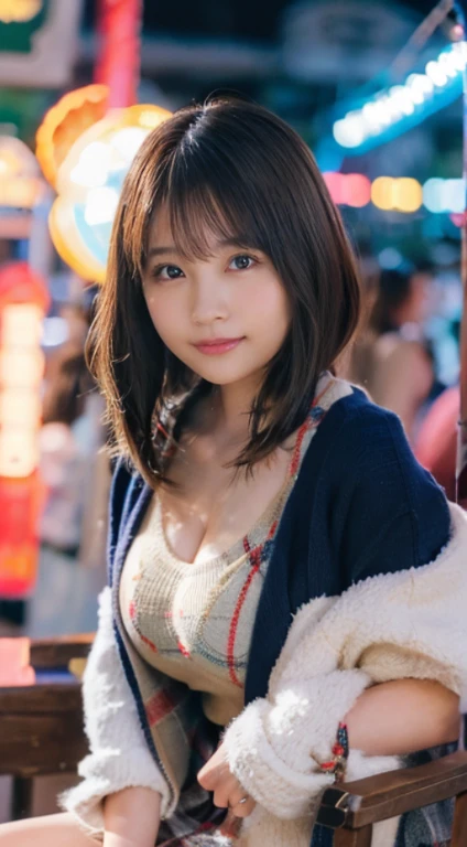 (Photorealistic), (ultra high realistic), (Ultra high definition), (ultra high detailed), (Increase contrast), (Increase saturation), (14 years old girl), (light skinned)A pretty woman with perfect figure, Cute face, Beautiful expression, (Lifelike face), Beautiful hairstyle, Realistic eyes, beautiful detail, (real looking skin), Beautiful skins, enticing, The ultra -The high-definition, A hyper-realistic, Realistic, Very detailed, Japanese, a short bob, bangss, (Wool short coat and knee-high boots、japanese cute idol, Tartan check)((Very short miniskirt)) Gentle smile, Brown hair,、The cleavage looks bold、beutiful breast、thin-waist、big butts、Sitting and resting(Night amusement park、Lit up、illuminations)、stas、Happiness、Lots of balloons、the Ferris wheel、merry-go-round、rollercoaster、Elaborate CG 8K wallpapers、dynamic ungle、beautiful  lighting、profetional lighting、(foco nítido)