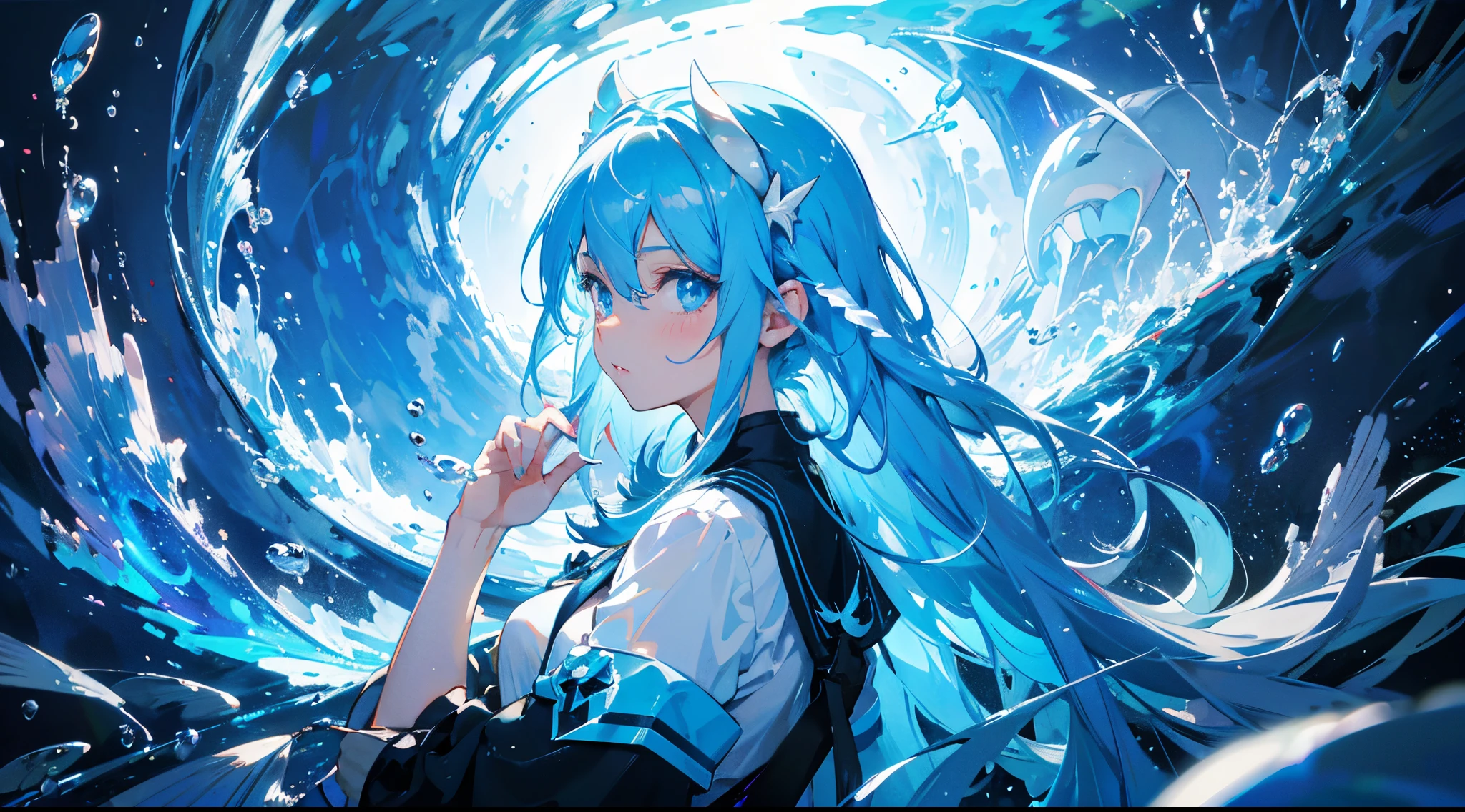 merfolk,fish gills ears,Light blue eyes,White eyelashes,Long blue hair with excessive white gradient at the end,fish tail blue gradient transition,masterpiece:1.2、quality), (1 Lady、The lower body is in the water,The upper body is exposed to the water