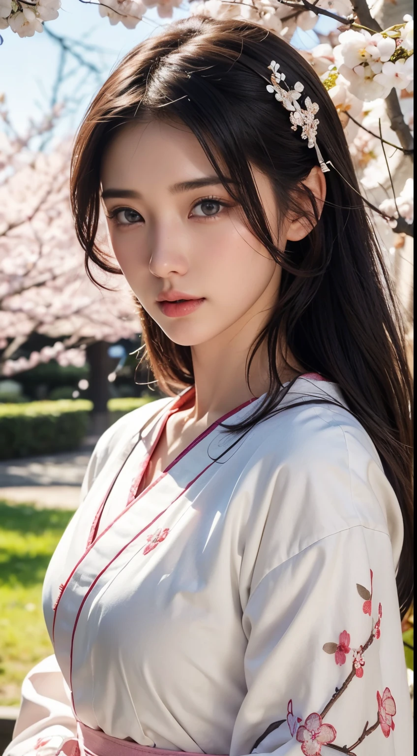 (A logo、masterpiece、8K、masutepiece、Raw photo、Fantastic、Best Quality、8K wallpaper that combines photorealism and high-definition CG、hightquality、ighly detailed、epic poem、Particle effect、Dynamic effects、depth of fields、Cinematic Light、Lens Flare、Ray tracing)、Fantasia、 (Beauty 1 person、White Japanese Clothing、Japanese dress、White cherry blossom pattern、White cherry blossom embroidery pattern、A dark-haired、Beautiful face、Real Face、beautiful details eyes beautiful skin)、Hair flutters in the wind、Hair jumps、Pink cherry blossom tree、Petals flutter、Sakura blizzard、Superb view、morning glow、Sun in the background、the wind、