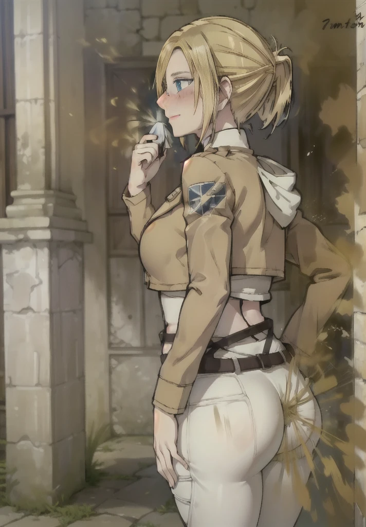 ((annie leonhart)),((velocity)),Attacked by farts, (((Women stand)),smiled,velocity,((classic town hall)),((One Woman)),((fart while stand),her butt facing screen,fullbody,blue eye,blushing)),(masterpiece:1.2、top-quality)、(the Extremely Detailed CG Unity 8K Wallpapers、ultra-detailliert、Best Shadows)、(细致背景)、(The best lighting、extremely delicate and beautiful)、depth of fields、1girl in、独奏 ,Women wear scout outfit,Ephemeral,,(blonde),(scout regiment outfit)),((((Girl embarassed when she smells the bad smell of farts)))),outfit like a scout regiment,((((profile facing diagonally)))),((i'I closed my mouth with hand feel embarassed...)),((massive fart)),((fart text))