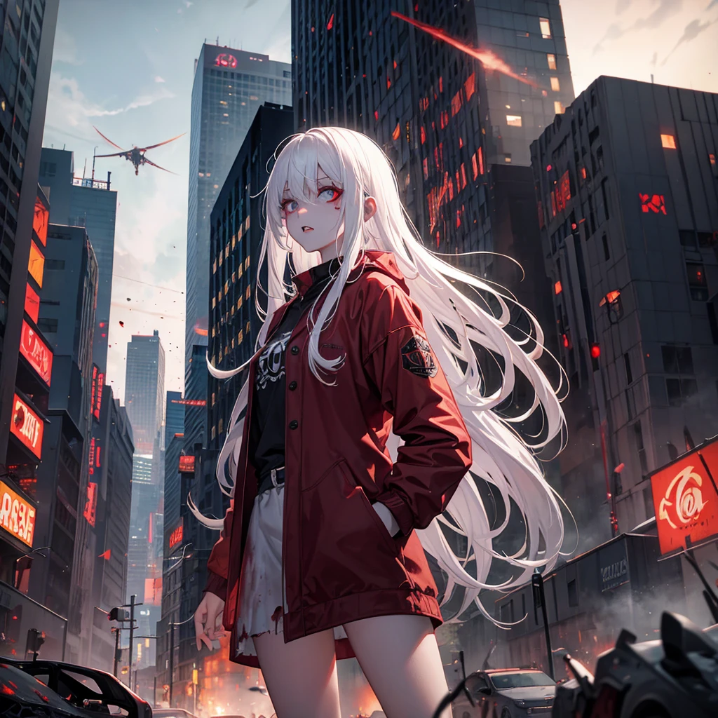 zombie girl, white hair, destroyed city, zombies around, destroyed cars, blood red moon