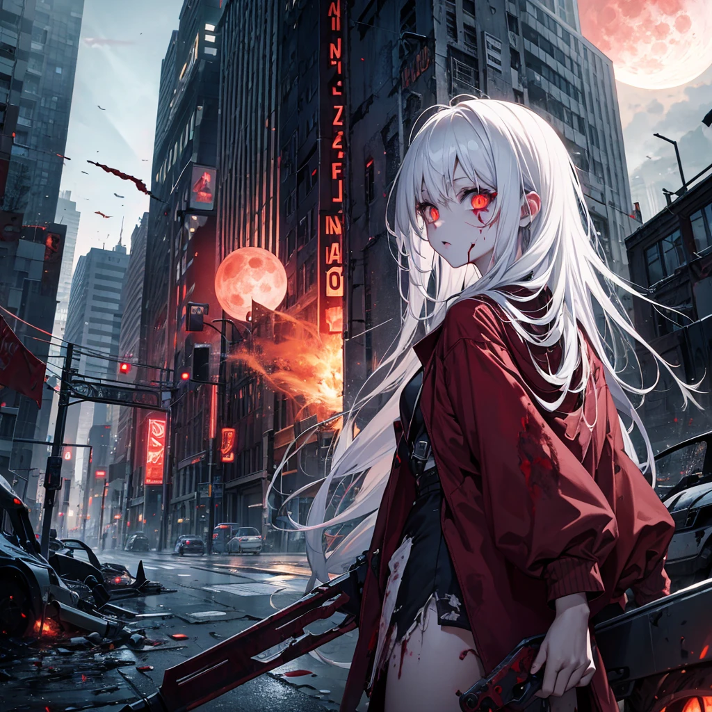 zombie girl, white hair, destroyed city, zombies around, destroyed cars, blood red moon