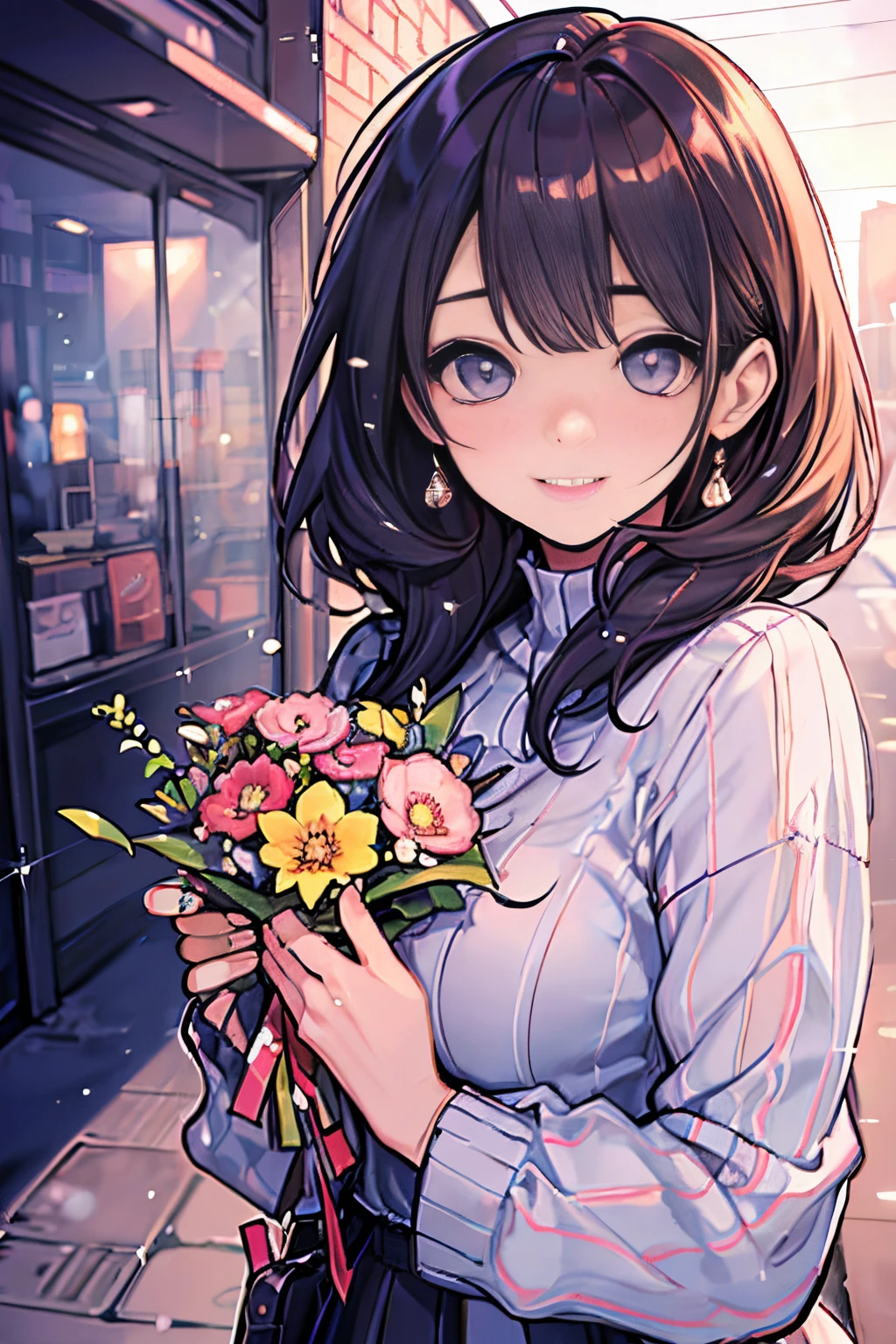 (Best Quality), 1 girl in, cute face, sparkling small eyes, False lashes, Pink lips, A smile, large full breasts, Cute casual outfit, Thumb and four fingers, Anatomically correct fingers, detail portrayal, colourfull, holding the bouquet with both hands, kirakira,