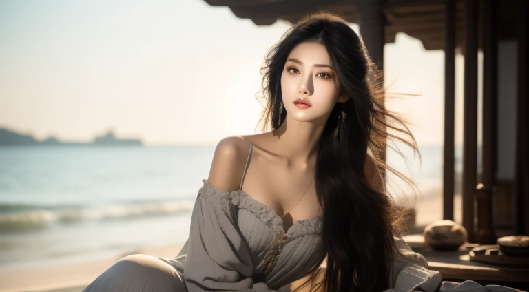 A most exquisite Chinese human beauty, long straight black hair, most exquisite, regular features, most beautiful girl, off-the-shoulder, beautiful girl sitting on the shore, soft, dreamlike quality, light white and dark brown, exaggerated features, solid color, frank Holly, light gray and light brown，realistic，Ultra high Resolution