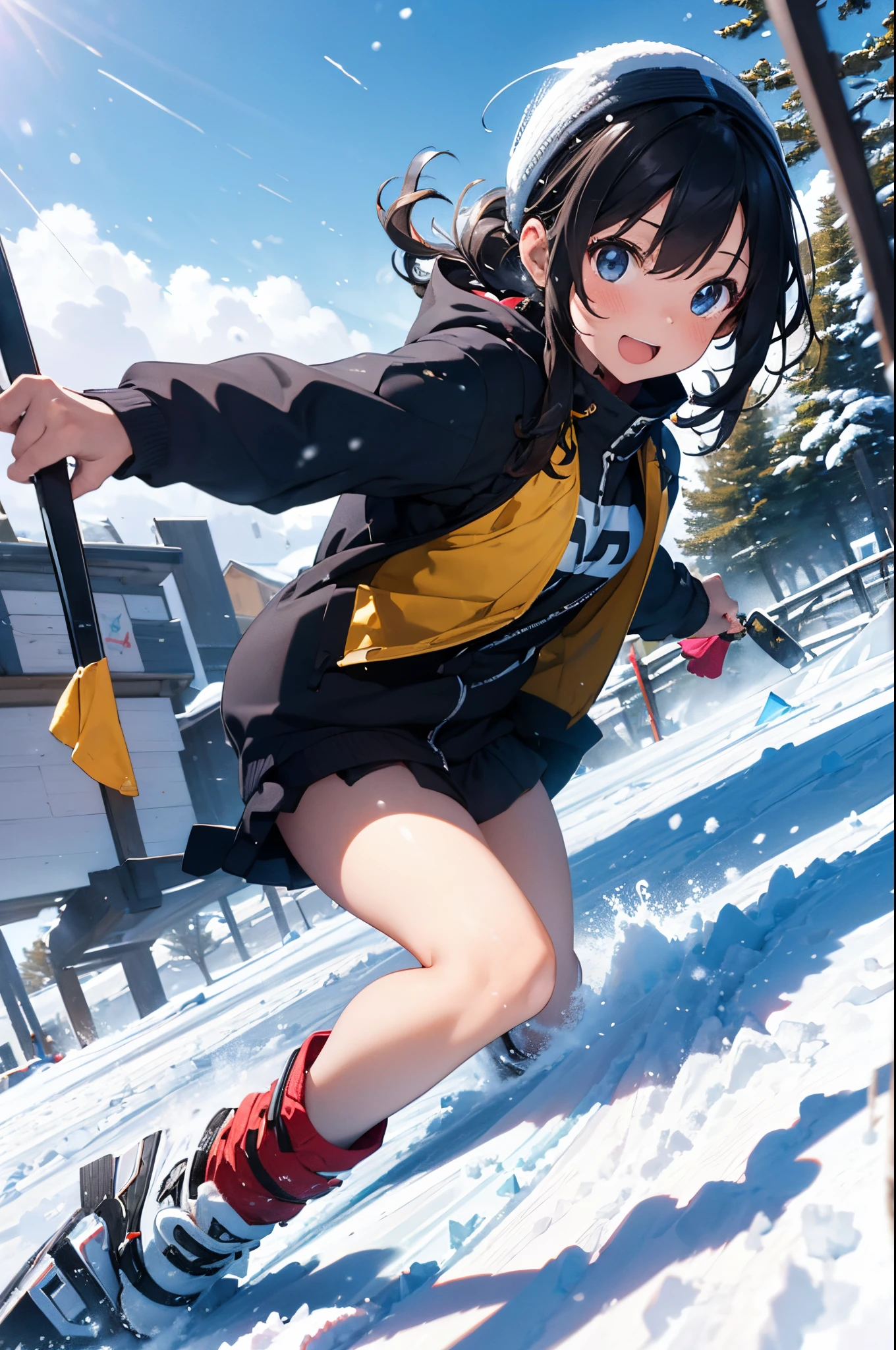 1 girl,(skiing, sled, snow explosion), action shot, vibrant with colors,rays of sunshine, wide angles,Perfect action, (end:1.3) 8K, F2.8, RAW photogr, ultra - detailed, reallife,bokeh,32K,