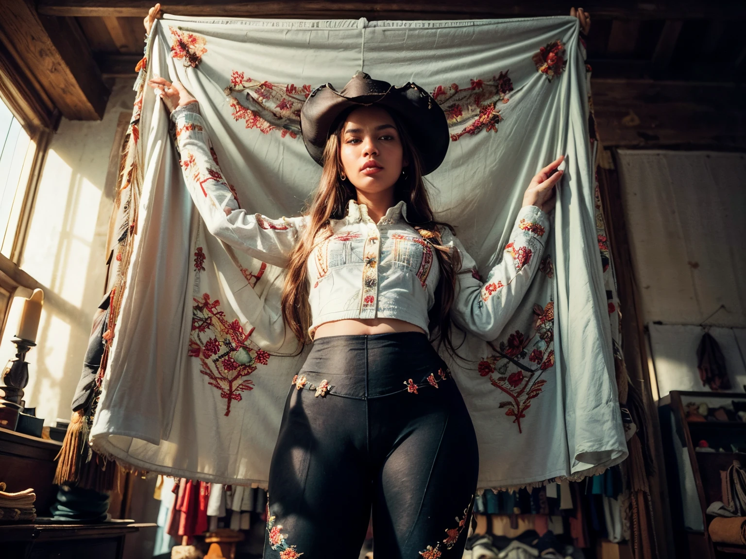 photo from top view:0.2, full body, from behind, low angle of an American female country music singer standing in a bright colorful boutique, ((she is dressed in tight thirst trap leggings, a fringed retro snap western embroidered long sleeve cowboy collared shirt with rodeo flourishes pattern:1.5)), she stands wearing luxury cowboy boots on ,(high end interior:0.6), floor ,leather belts, dark leather armchair, , loving, ,((her tidy dark auburn short hair:0.8)), every detail captured with the highest quality Leica camera she owns, it captures every detail and deepens the shadows,, colorful, lovely woman,American, a relaxed moment, realistic photo, (54% of photo is black in drawing:1.4), (detailed fabrics:1.2), (soft warm shop light:1.7), (spotlight on her hips and thighs and boots:1.1) ,(relaxed intimate photoshoot), cozy relaxed, catching us, beautiful hands, gorgeous soft warm lighting:1.4, ((high contrast)), (deep, darkest shadows), (shadow details:1.3), ((taken using Leica camera, aperture: f/2)) , hyper-realistic skin, pores, scar, mole, relaxed moment, natural light glow, (romantic light:1.2), radiant dark skin, perfect relaxed hands, perfect fingers, a work of art, beautiful composition, golden ratio, contrast, inspiring, (highest quality fabric texture), every detail,Fine facial features – (Highest Quality) ,Leica camera film, High quality ○○ detailed – ○○ details ultra detailed(Ultra-fine ), Photorealistic