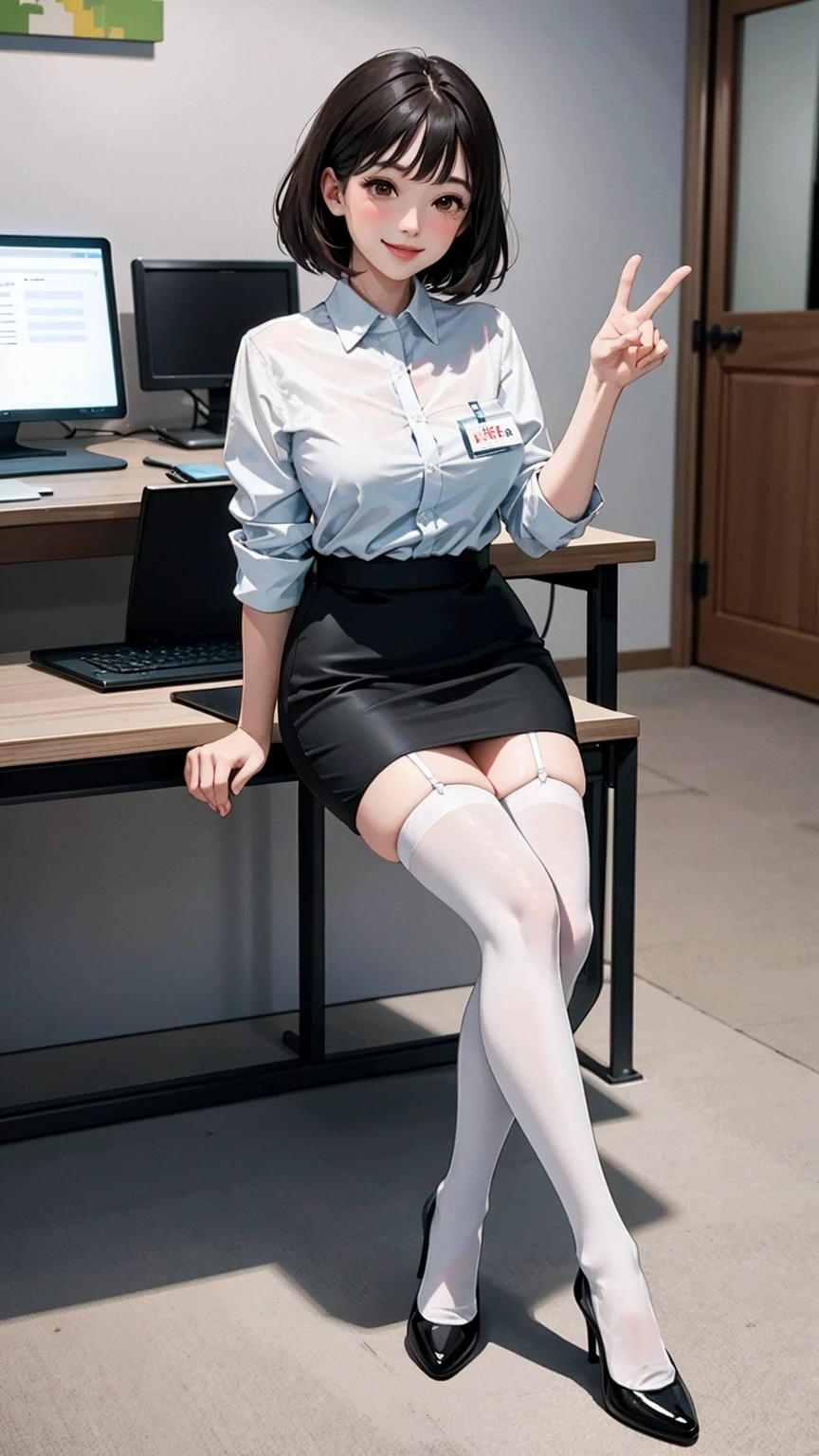 (Best quality: 1.1), (Realistic: 1.1), (Photography: 1.1), (highly details: 1.1), (1woman), office room，Professional suits，black short skirt，black lence stockings，bent down,mix4,