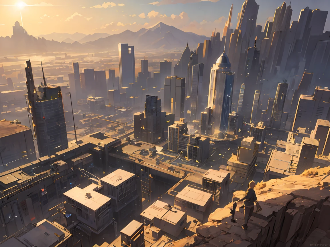environment design, a Futuristic great city in the desert, nice weather, sun shining with pretty clouds, zoom-out landscape view,