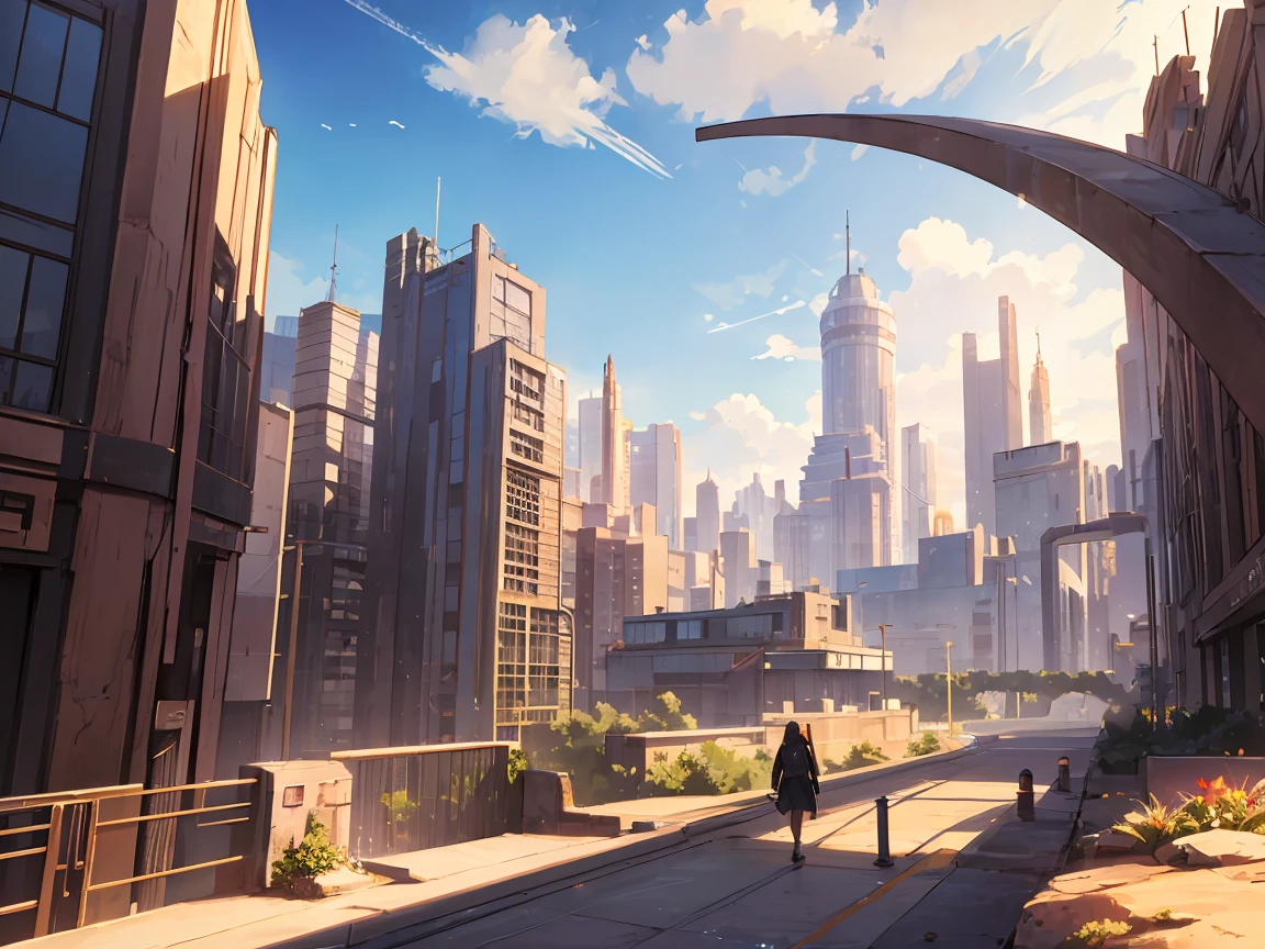 environment design, a Futuristic great city in the desert, nice weather, sun shining with pretty clouds, zoom-out landscape view,