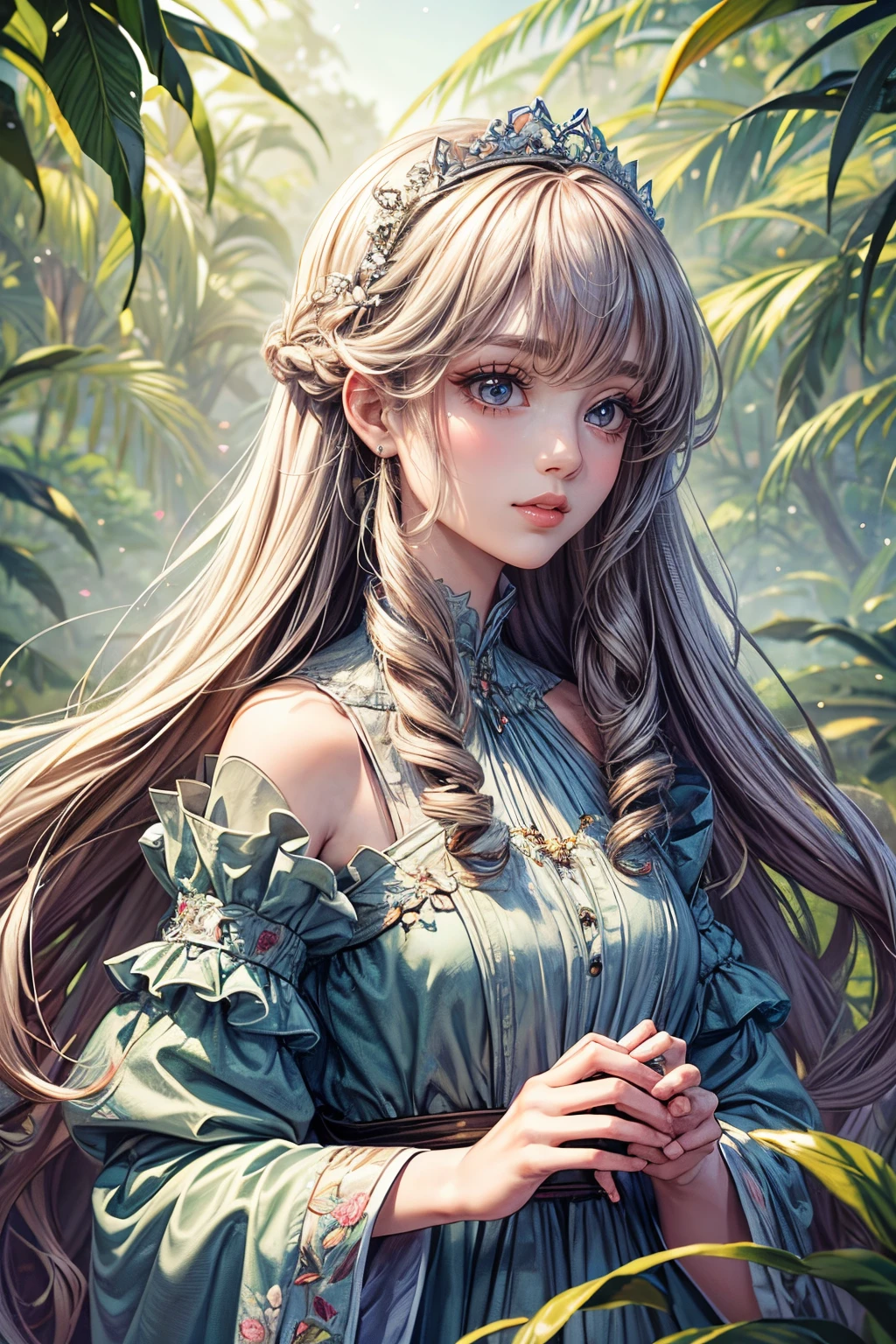 (Best quality at best,8K,CG), detailed upper body, Lonely girl, Floral forest background, Complex facial features, elegant long curly hair, Large almond-shaped eyes, Detailed eye makeup, Long eyelashes, Twinkling stars, Delicate lip detailing, Soft and harmonious style.