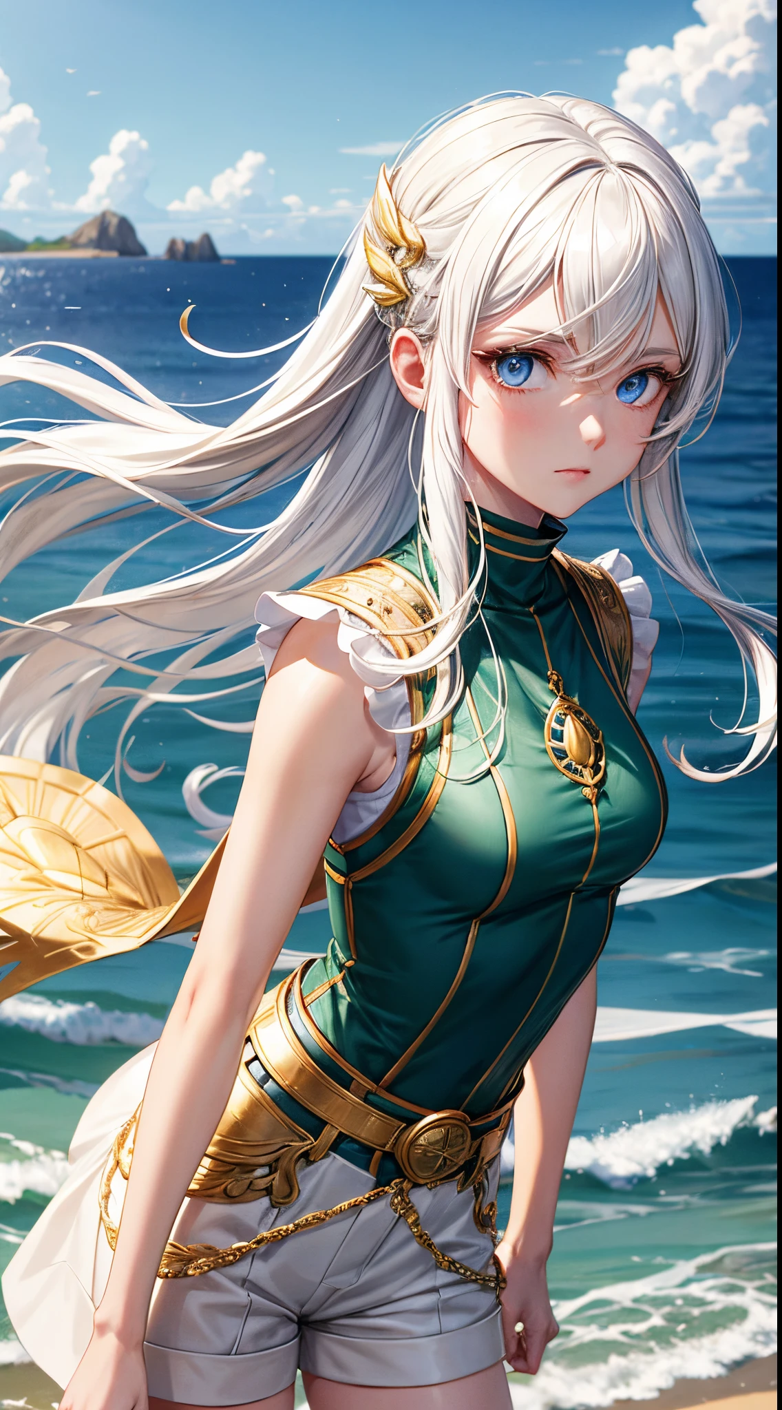 Master piace, super detail, quality, Woman, adult, white hair, blue eyes, 2d ocean back groud, green sleeveless turtleneck shirt, beige shorts, gold leaf belt, cut-in, nature theme, buble effect