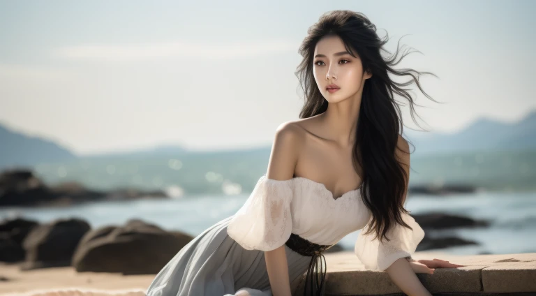 A most exquisite Chinese human beauty, long straight black hair, most exquisite, regular features, most beautiful girl, off-the-shoulder, beautiful girl sitting on the shore, soft, dreamlike quality, light white and dark brown, exaggerated features, solid color, frank Holly, light gray and light brown，realistic，Ultra high Resolution