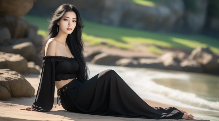 A most exquisite Chinese human beauty, long straight black hair, most exquisite, regular features, most beautiful girl, off-the-shoulder, beautiful girl sitting on the shore, soft, dreamlike quality, light white and dark brown, exaggerated features, solid color, frank Holly, light gray and light brown，realistic，Ultra high Resolution