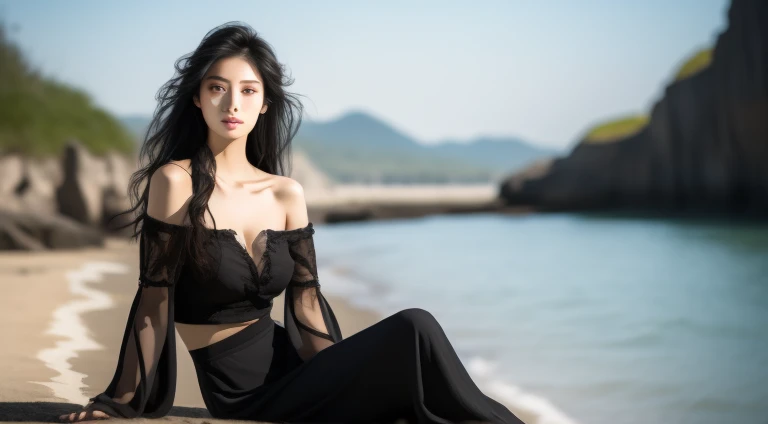 A most exquisite Chinese human beauty, long straight black hair, most exquisite, regular features, most beautiful girl, off-the-shoulder, beautiful girl sitting on the shore, soft, dreamlike quality, light white and dark brown, exaggerated features, solid color, frank Holly, light gray and light brown，realistic，Ultra high Resolution