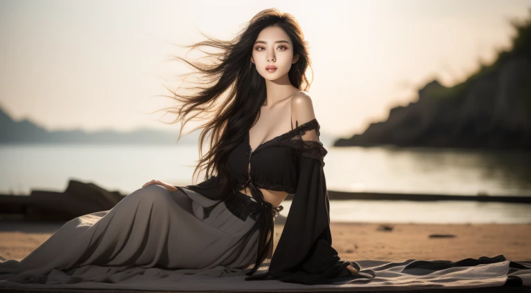 A most exquisite Chinese human beauty, long straight black hair, most exquisite, regular features, most beautiful girl, off-the-shoulder, beautiful girl sitting on the shore, soft, dreamlike quality, light white and dark brown, exaggerated features, solid color, frank Holly, light gray and light brown，realistic，Ultra high Resolution