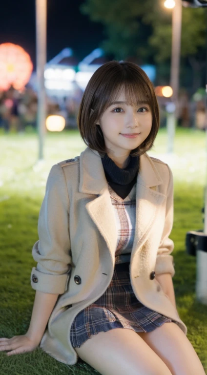 (Photorealistic), (ultra high realistic), (Ultra high definition), (ultra high detailed), (Increase contrast), (Increase saturation), (14 years old girl), (fair white skin)A pretty woman with perfect figure, Cute face, Beautiful expression, (Lifelike face), Beautiful hairstyle, Realistic eyes, beautiful detail, (real looking skin), sparkly eyes、Beautiful skins, enticing, The ultra -The high-definition, A hyper-realistic, Realistic, Very detailed,, a short bob,Hair hanging over the ears、 bangss, (Wool short coat and knee-high boots、japanese cute idol, Tartan check)((Very short miniskirt)) Gentle smile, Brown hair,、The cleavage looks bold、beutiful breast、thin-waist、big butts、((sitting and resting on the grass))(Daytime amusement park)、stas、Happiness、Lots of balloons、the Ferris wheel、merry-go-round、rollercoaster、Elaborate CG 8K wallpapers、dynamic ungle、beautiful  lighting、profetional lighting、(foco nítido)