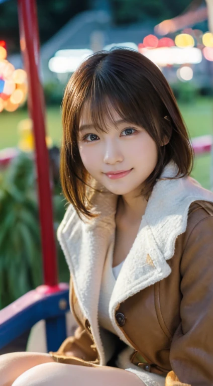 (Photorealistic), (ultra high realistic), (Ultra high definition), (ultra high detailed), (Increase contrast), (Increase saturation), (14 years old girl), (fair white skin)A pretty woman with perfect figure, Cute face, Beautiful expression, (Lifelike face), Beautiful hairstyle, Realistic eyes, beautiful detail, (real looking skin), sparkly eyes、Beautiful skins, enticing, The ultra -The high-definition, A hyper-realistic, Realistic, Very detailed,, a short bob,Hair hanging over the ears、 bangss, (Wool short coat and knee-high boots、japanese cute idol, Tartan check)((Very short miniskirt)) Gentle smile, Brown hair,、The cleavage looks bold、beutiful breast、thin-waist、big butts、((sitting and resting on the grass))(Daytime amusement park)、stas、Happiness、Lots of balloons、the Ferris wheel、merry-go-round、rollercoaster、Elaborate CG 8K wallpapers、dynamic ungle、beautiful lighting、profetional lighting、(foco nítido)