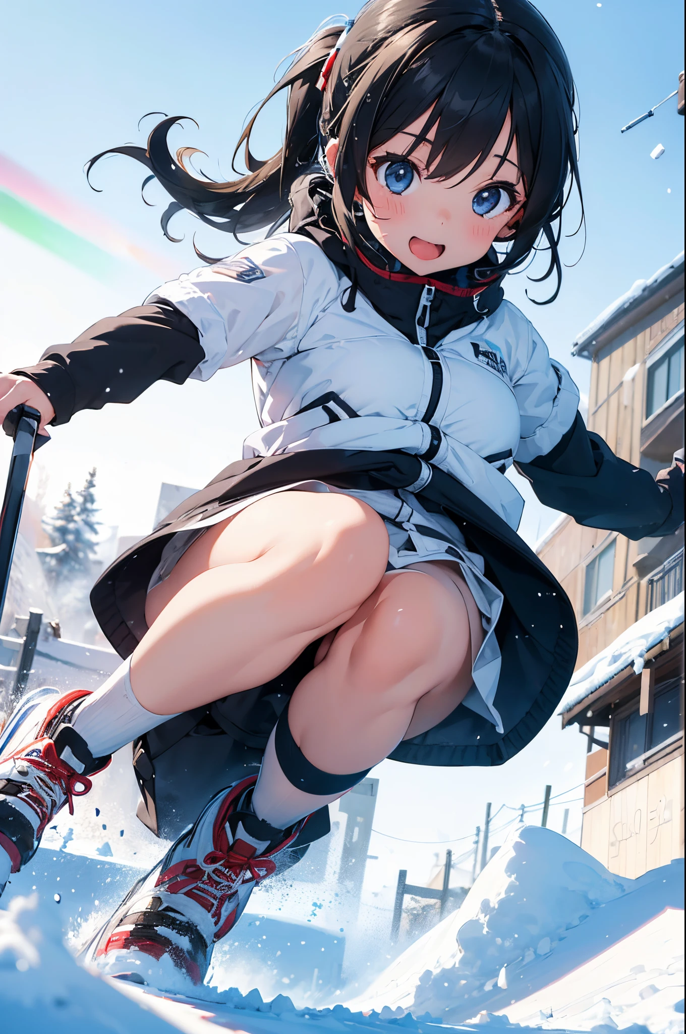 1 girl，(skiing, sled, snow explosion), action shot, vibrant with colors，rays of sunshine, wide angles,Perfect action， (end:1.3) 8K, F2.8, RAW photogr, ultra - detailed, reallife，bokeh，32K，