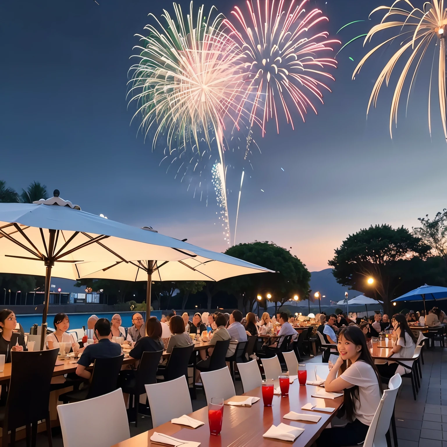 The restaurant has many umbrellas. And the celebration lights are beautiful and there are many people. There are many fireworks.