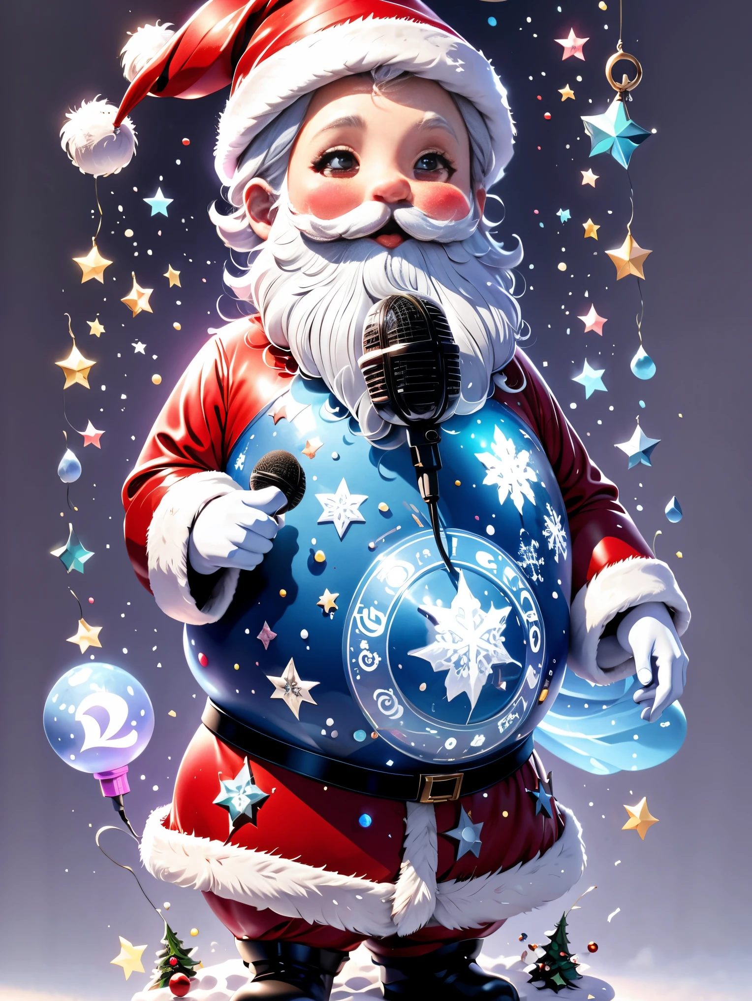 Chalk gray style, ((1 Glowing Magical Cute Santa Claus))，((singing with a microphone)), ((Syllable symbols floating in the air))，christmas ornaments, Sparkling, Floating particles，Yuki，blue-sky, 8K, Irridescent color, kawaii, Cute big breasts, number art, high high quality, The content is very detailed, 3 Rendering，Bright colors minimalist style，Disney  style，