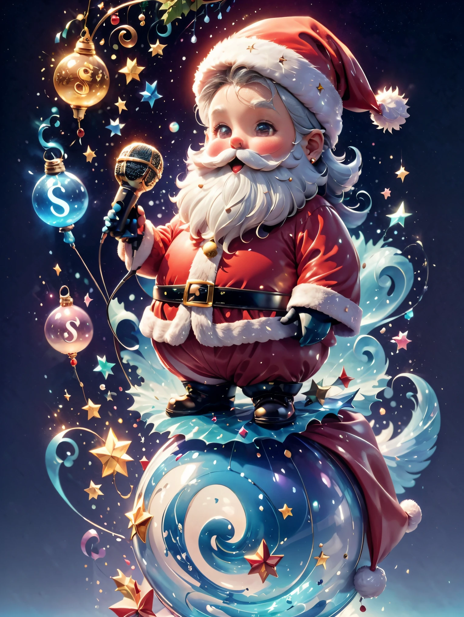 Chalk gray style, ((1 Glowing Magical Cute Santa Claus)),((singing with a microphone)), ((Syllable symbols floating in the air)),christmas ornaments, Sparkling, Floating particles,Yuki,blue-sky, 8K, Irridescent color, kawaii, Cute big breasts, number art, high high quality, The content is very detailed, 3 Rendering,Bright colors minimalist style,Disney style,
