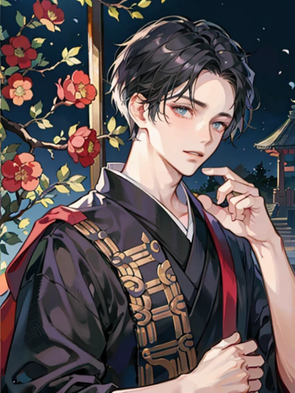 1boy,10 talents :2) ,handsome boy in kimono,A dark-haired、Forehead、Raise bangs、 robe、mid night 、Japanese garden、ink and watercolor painting、Chinese charactersa、dark ilumination、hightquality、masutepiece,8K,NSFW,