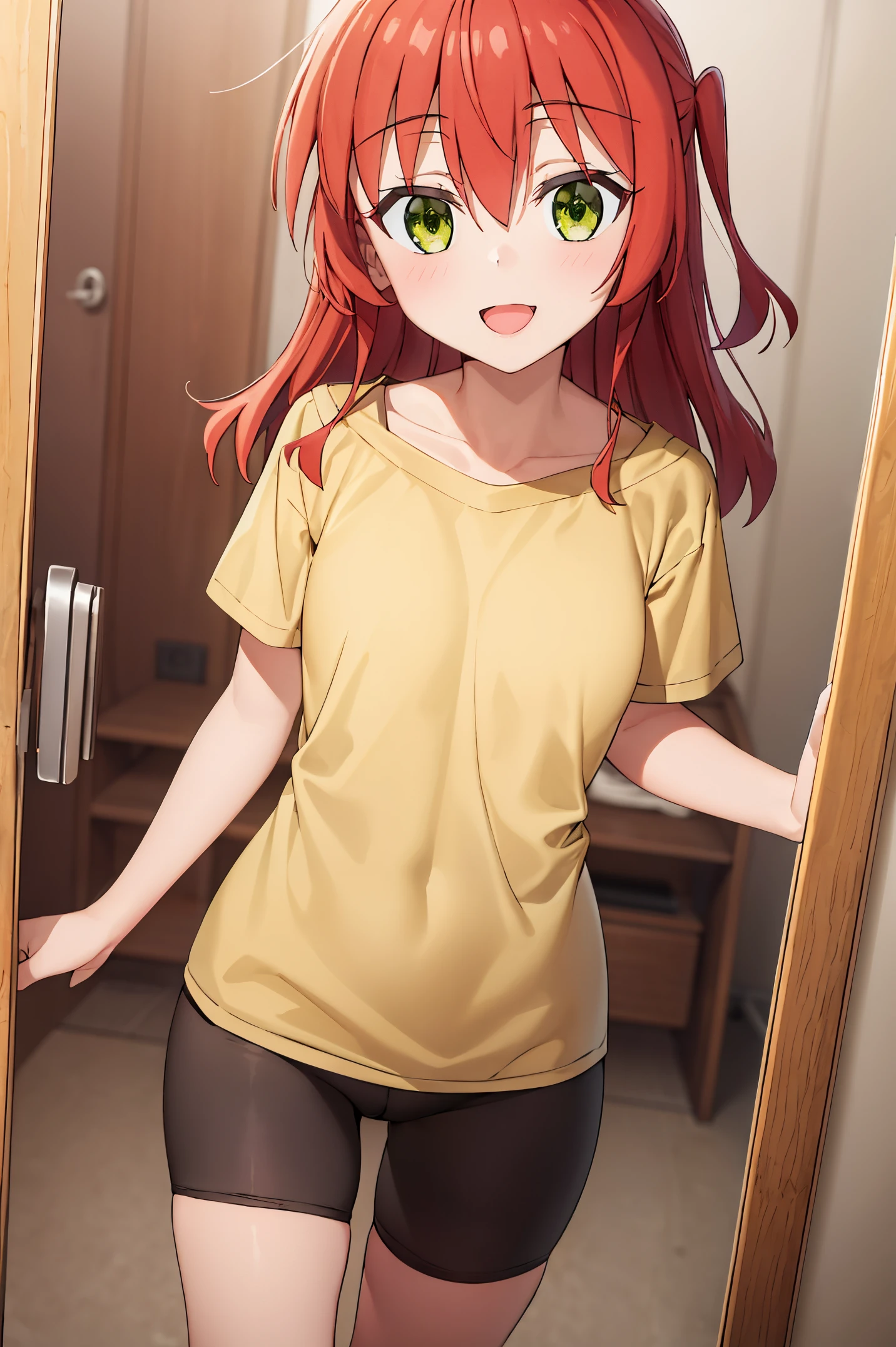 Room, 1 girl, best quality, ultra high res, long hair, red hair, green eyes, yellow shirt, short sleeves, bike shorts, looking at viewers, small breast, standing, pov, slim body, loli body, small body, smile, open mouth, removed panties,