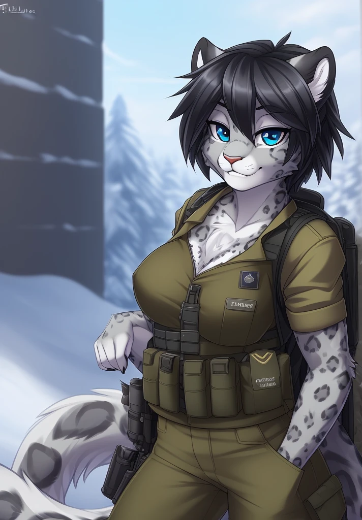 by fluff-kevlar, (best quality, masterpiece:1), solo, anthro, furry, female, ((Snow Leopard)), blue eyes, black hair, short hair, portrait, fingers, finger claws, looking at viewer, snow leopard tail, ((huge tuft of hair on the chest)), ((Military uniform)), ((fully clothed)), ((medium breasts)), (tactical vest), (backpack)